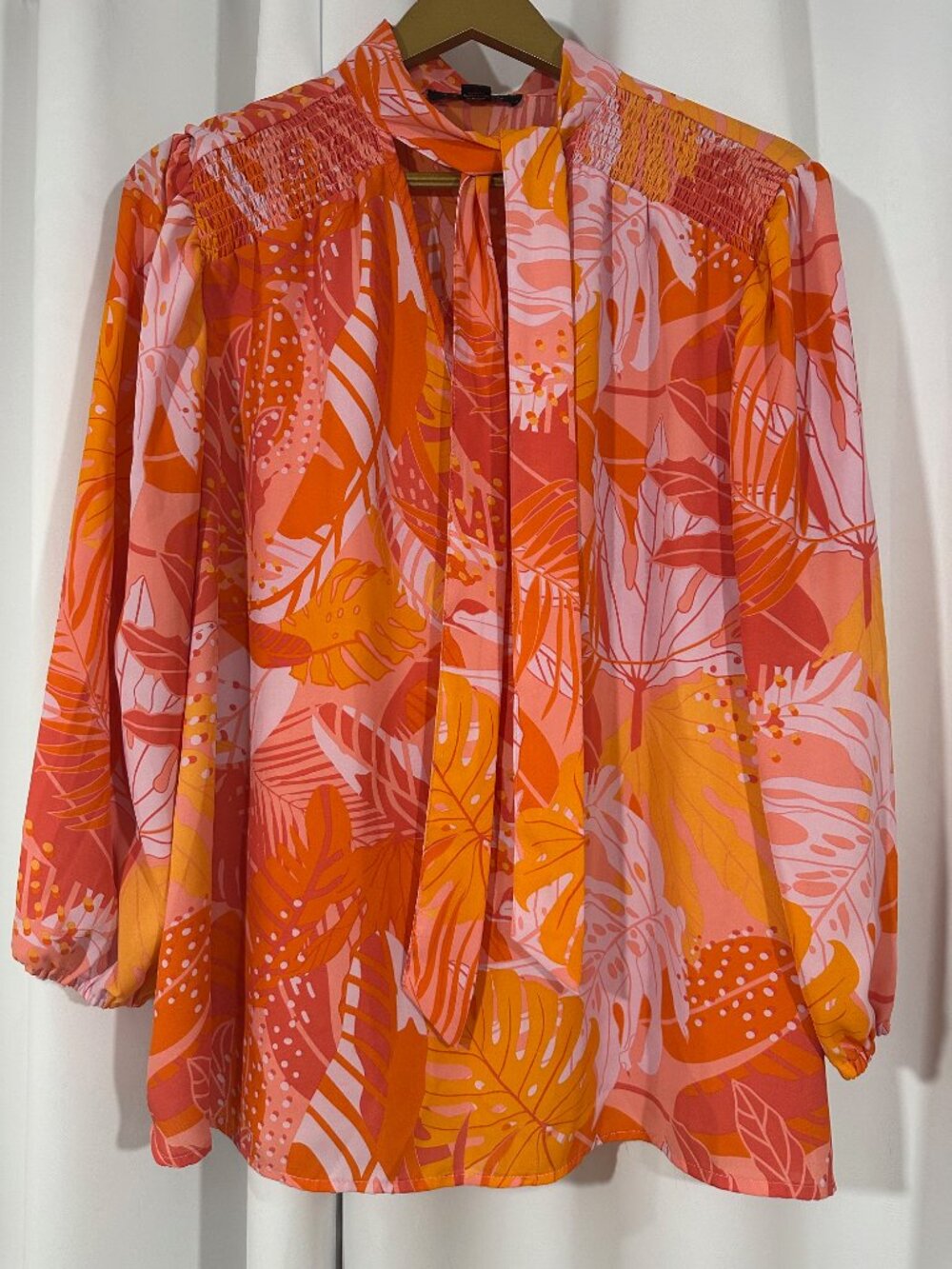 A Love Story 2X Tropical Leaf Tie Neck Blouse Pink Orange Long Sleeve Plus Size